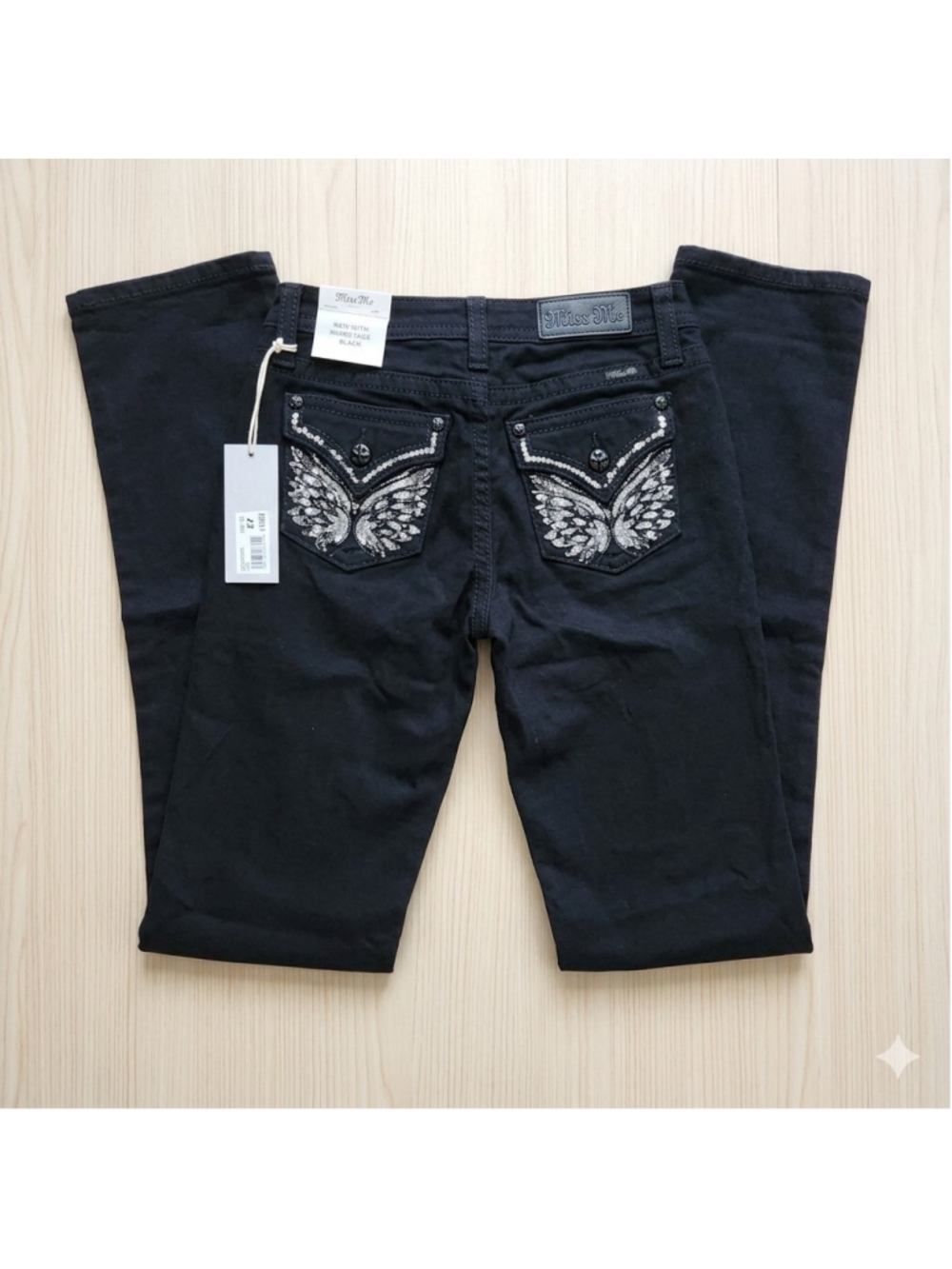 NWT Miss Me Black Eclipse Butterfly Wing Slim Wide Jeans M3080SW79L 27x34 Bling